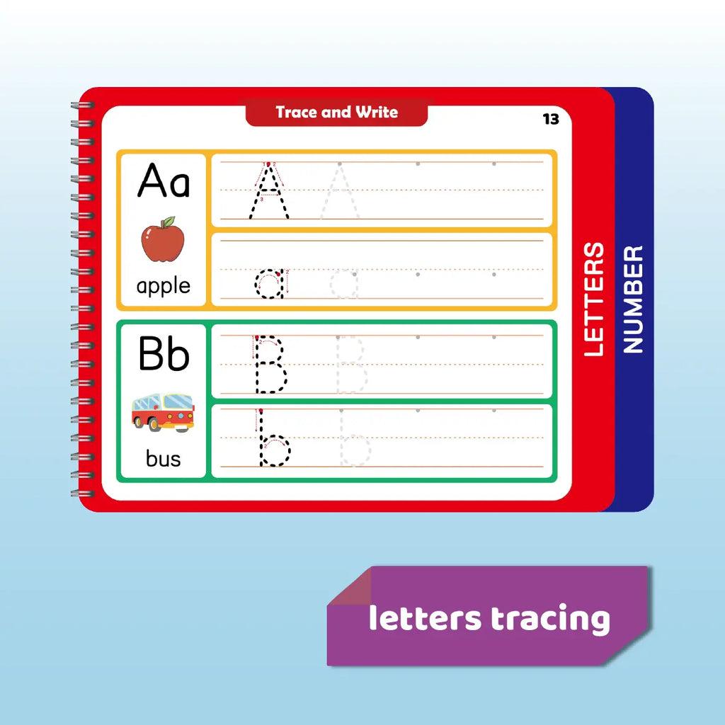 Reusable Learn-To-Write Workbook – Spiral-Bound Preschool Pen Control Tracing Book with Marker & Eraser, Reusable Letter & Number Practice for Kids Ages 3-6, 38 Pages of Lines, Shapes, Letters & Numbers