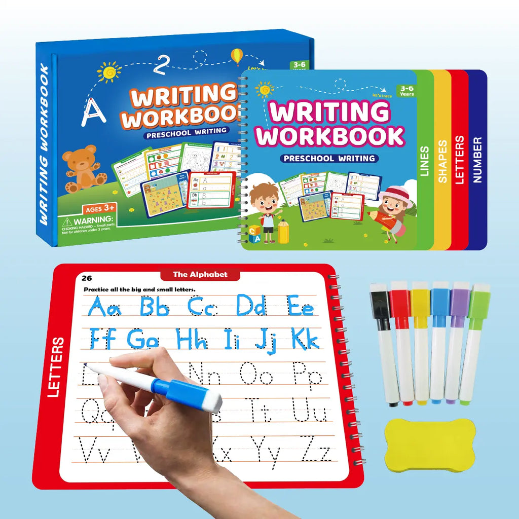 Reusable Learn-To-Write Workbook – Spiral-Bound Preschool Pen Control Tracing Book with Marker & Eraser, Reusable Letter & Number Practice for Kids Ages 3-6, 38 Pages of Lines, Shapes, Letters & Numbers