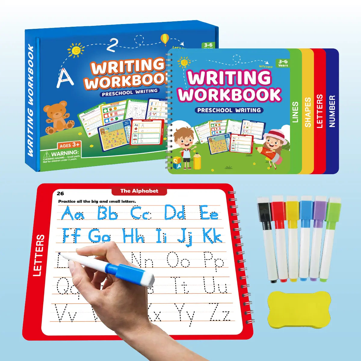 Reusable Learn-To-Write Workbook – Spiral-Bound Preschool Pen Control Tracing Book with Marker & Eraser, Reusable Letter & Number Practice for Kids Ages 3-6, 38 Pages of Lines, Shapes, Letters & Numbers