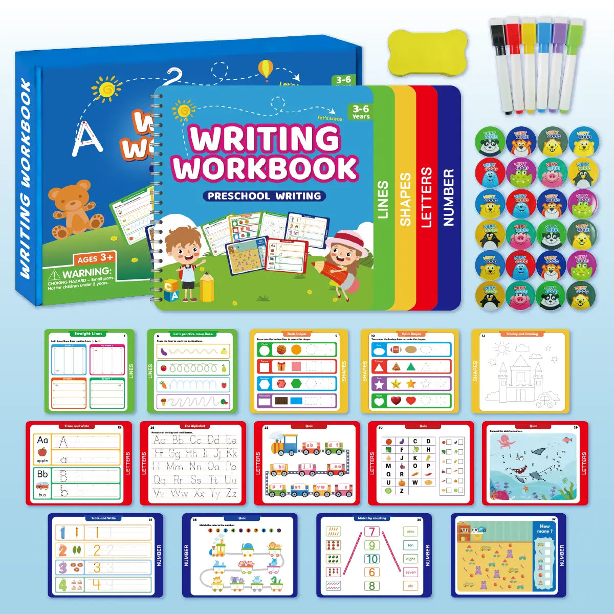 Reusable Learn-To-Write Workbook – Spiral-Bound Preschool Pen Control Tracing Book with Marker & Eraser, Reusable Letter & Number Practice for Kids Ages 3-6, 38 Pages of Lines, Shapes, Letters & Numbers