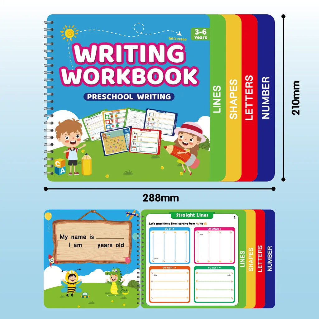 Reusable Learn-To-Write Workbook – Spiral-Bound Preschool Pen Control Tracing Book with Marker & Eraser, Reusable Letter & Number Practice for Kids Ages 3-6, 38 Pages of Lines, Shapes, Letters & Numbers