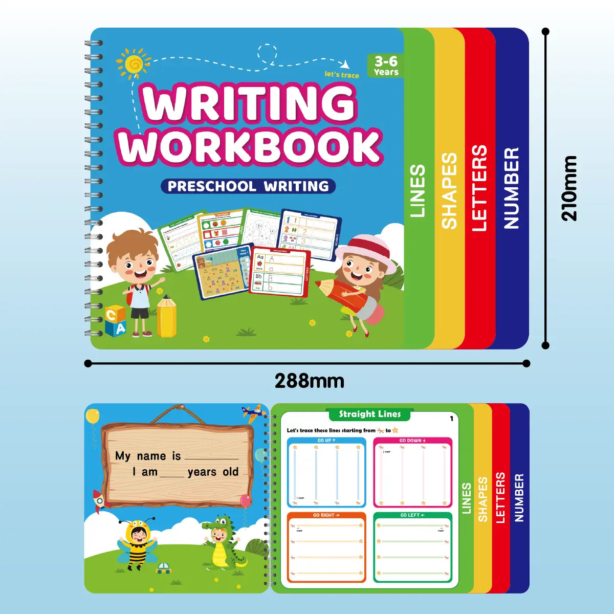 Reusable Learn-To-Write Workbook – Spiral-Bound Preschool Pen Control Tracing Book with Marker & Eraser, Reusable Letter & Number Practice for Kids Ages 3-6, 38 Pages of Lines, Shapes, Letters & Numbers