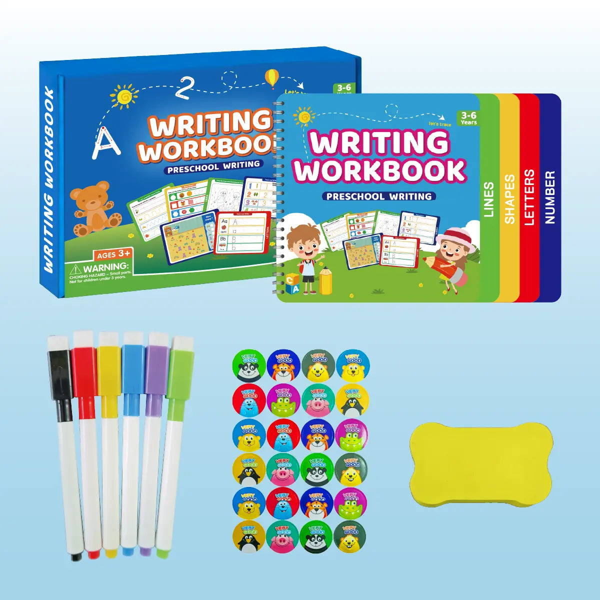 Reusable Learn-To-Write Workbook – Spiral-Bound Preschool Pen Control Tracing Book with Marker & Eraser, Reusable Letter & Number Practice for Kids Ages 3-6, 38 Pages of Lines, Shapes, Letters & Numbers