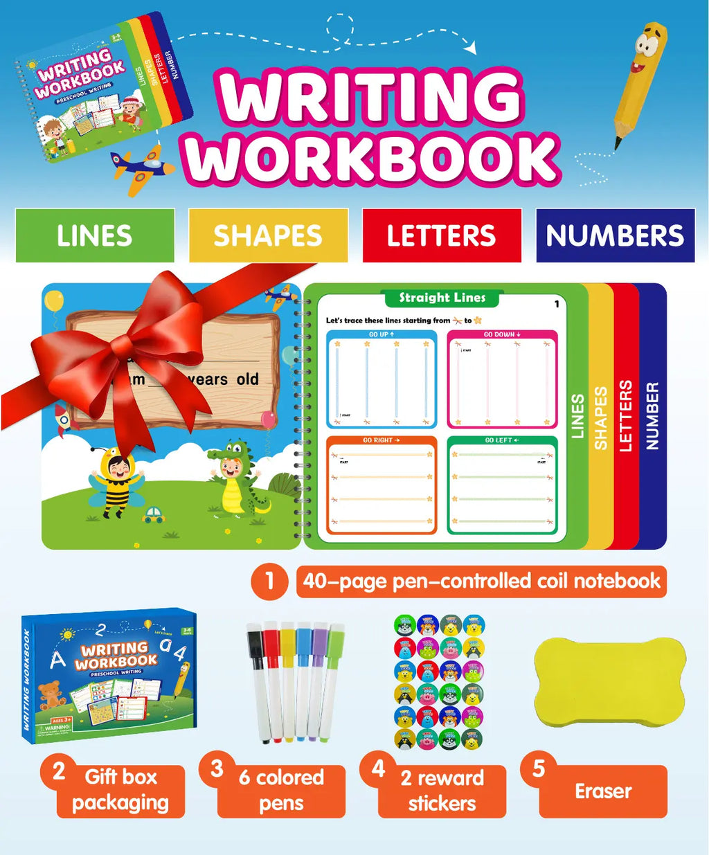Reusable Learn-To-Write Workbook – Spiral-Bound Preschool Pen Control Tracing Book with Marker & Eraser, Reusable Letter & Number Practice for Kids Ages 3-6, 38 Pages of Lines, Shapes, Letters & Numbers