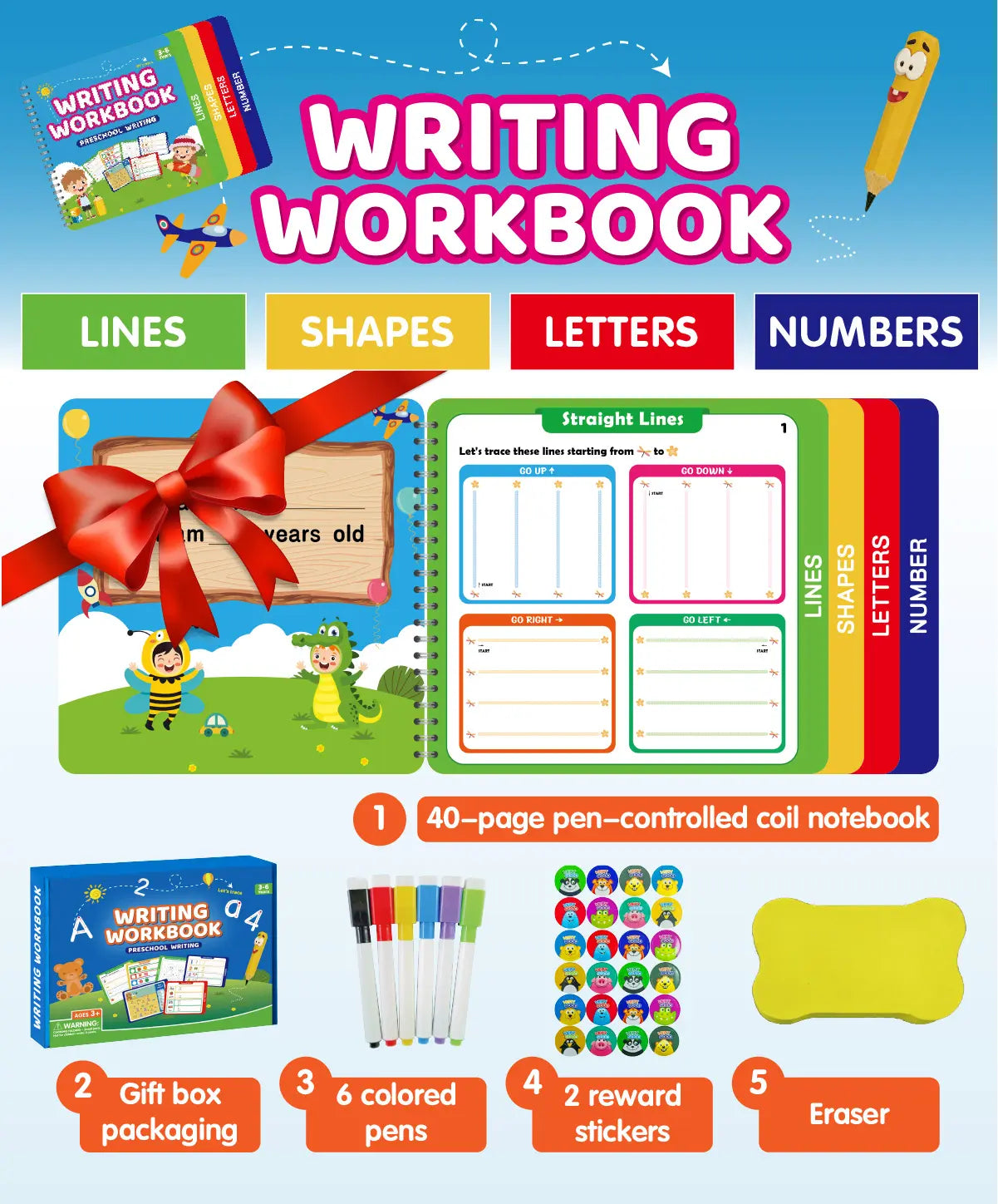 Reusable Learn-To-Write Workbook – Spiral-Bound Preschool Pen Control Tracing Book with Marker & Eraser, Reusable Letter & Number Practice for Kids Ages 3-6, 38 Pages of Lines, Shapes, Letters & Numbers